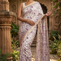 Bhagalpuri Handloom Warli Print on Premium Quality Soft Katan Tussar Silk Saree in White - View 4