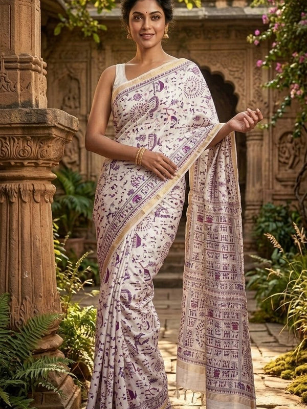Bhagalpuri Handloom Warli Print on Premium Quality Soft Katan Tussar Silk Saree in White - View 4
