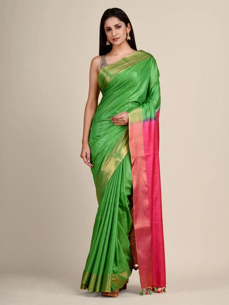 Handloom Tussar Munga Silk Two Dye Handloom Blend Saree (Kelly_Green & Cerise_Pink)