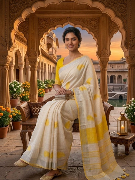 Handwoven Bhagalpuri Linen Blend Embroidered Saree With Contrast Blouse Piece(White_Yellow) - View 5