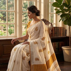 Handwoven Bhagalpuri Linen Blend Embroidered Saree With Contrast Blouse Piece(White_Orange) - View 4