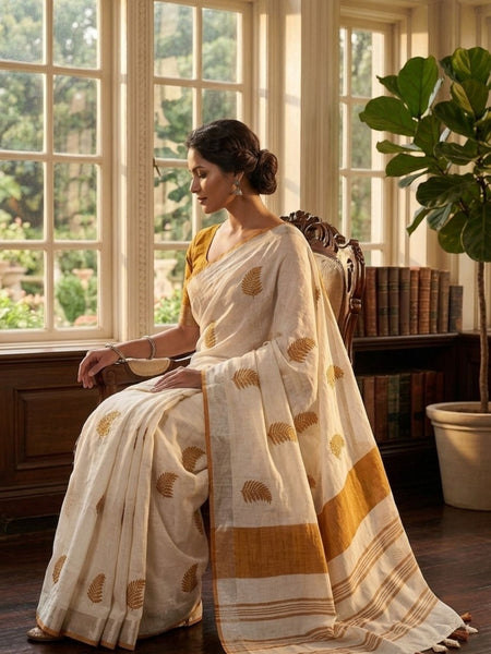 Handwoven Bhagalpuri Linen Blend Embroidered Saree With Contrast Blouse Piece(White_Orange) - View 4