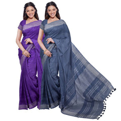 French Violet & Lake Blue women's Bhagalpuri Handloom Cotton-Linen Blend Saree Combo (Pack Of 2) With Running Unstiched Blouse Piece