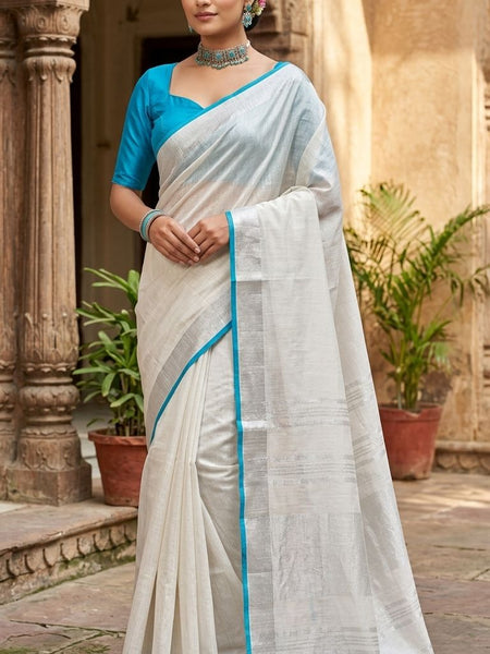 Bhagalpuri Handloom Linen Cotton Blend Saree WIth Cotrast Blouse Piece - View 2
