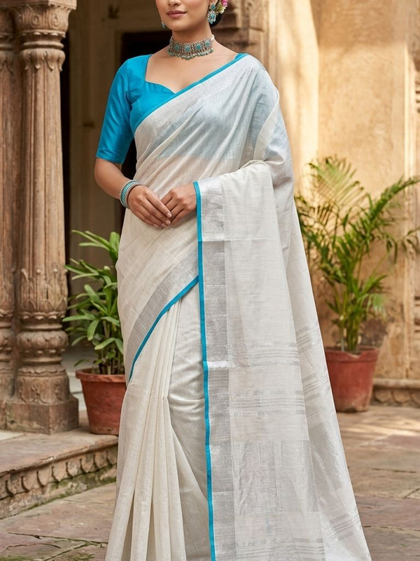 Bhagalpuri Handloom Linen Cotton Blend Saree WIth Cotrast Blouse Piece - View 2