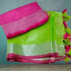 Parrot-Pink  Bhagalpuri Blend Linen Saree With Free Contrast Blouse Piece