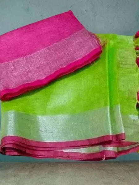 Parrot-Pink  Bhagalpuri Blend Linen Saree With Free Contrast Blouse Piece