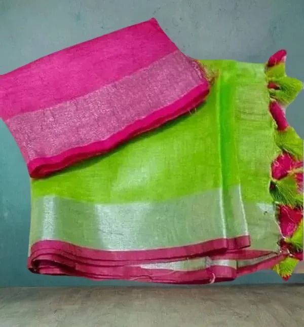 Parrot-Pink  Bhagalpuri Blend Linen Saree With Free Contrast Blouse Piece