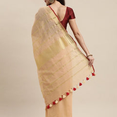 Linen Cotton Blend Contrast Handloom Bhagalpuri Saree for Women (Gold-Calico_Beige-Red) - View 3
