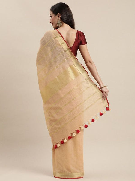 Linen Cotton Blend Contrast Handloom Bhagalpuri Saree for Women (Gold-Calico_Beige-Red) - View 3
