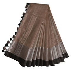 Brown Bhagalpuri Handloom women's Linen Blend Saree With Black Contrast Blouse Piece