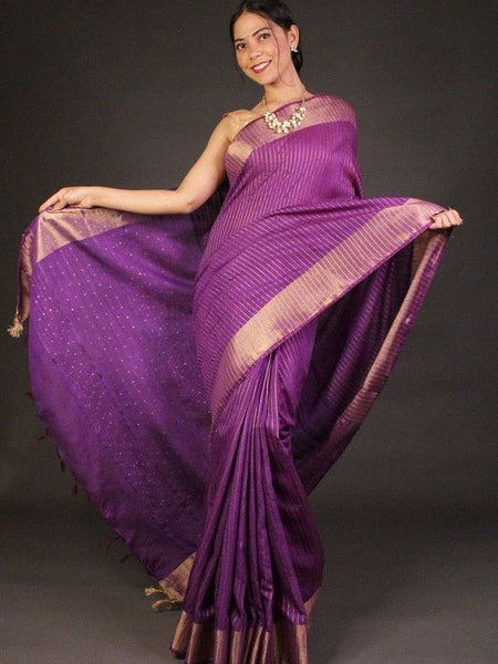Bhagalpuri Silk Striped Sequins Saree with Zari Border (Electric_Purple)