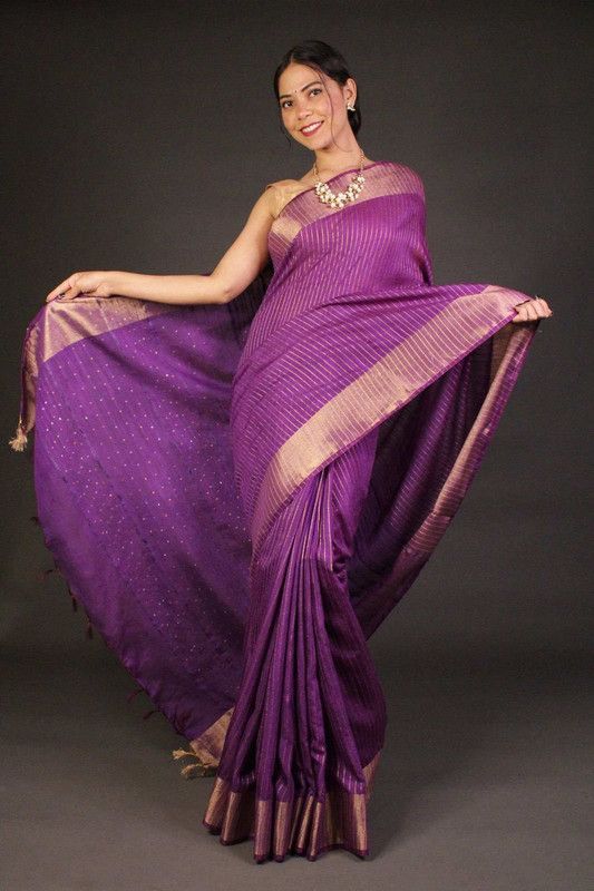 Bhagalpuri Silk Striped Sequins Saree with Zari Border (Electric_Purple)