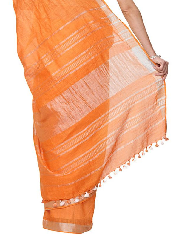 Orange women's Handloom Bhagalpuri Cotton Linen Slub Blend Zari Border Saree Ethnic Wear With Running Unstitched Blouse Piece - View 6