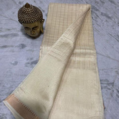Bhagalpuri Handloom Cotton Silk Check Half Body Saree for women's (Off_White)