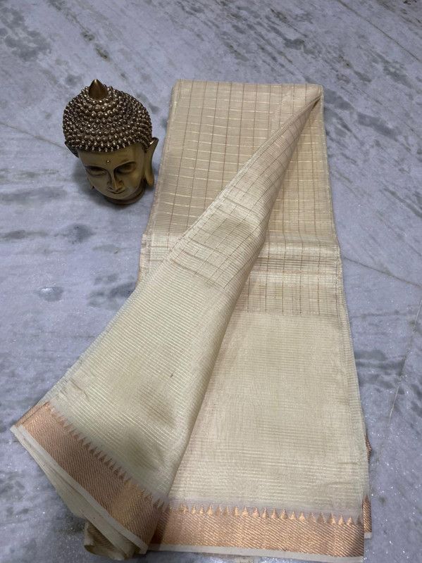 Bhagalpuri Handloom Cotton Silk Check Half Body Saree for women's (Off_White)