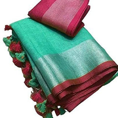 Turquoise-Pink women's Handloom Bhagalpuri Cotton Linen Blend Saree Ethnic Wear With Contrast Unstitched Blouse Piece - View 5