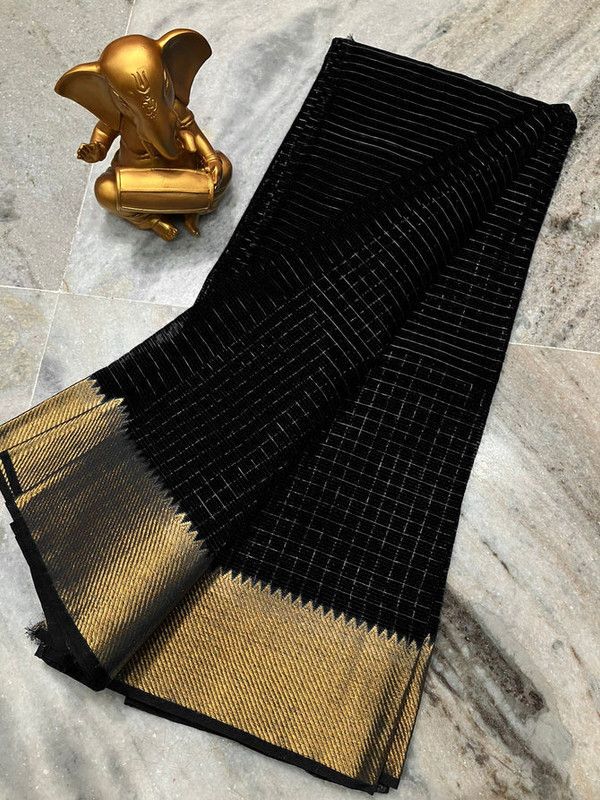 Cotton Silk Handloom Bhagalpuri Wide Border Check Saree (Gold-Black)