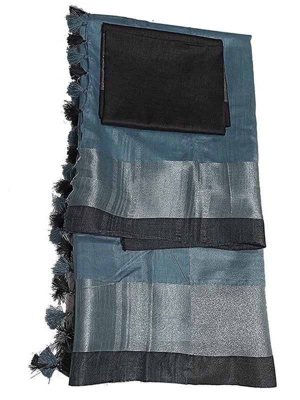 Airforce Blue Bhagalpuri Handloom women's Linen Slub Blend Saree With Black Pipin Contrast Blouse Piece - View 2
