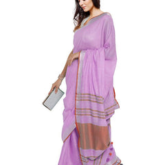 Plum Pink-Red women's Bhagalpuri Handloom Cotton Linen Blend Contrast Pallu Saree And Unstitched Contrast Blouse Piece - View 3
