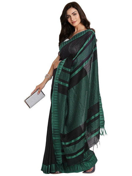 Black-Turquoise women's Bhagalpuri Handloom Katan Viscous Silk Temple Border Saree Ethnic Wear With Running Unstitched Striped Blouse Piece - View 3