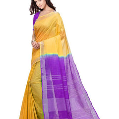 Yellow & French Violet women's Handloom Bhagalpuri Linen Cotton Slub Blend Two Dye Saree With Running Unstitched Blouse Piece - View 4