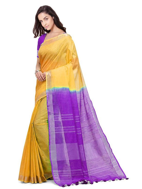 Yellow & French Violet women's Handloom Bhagalpuri Linen Cotton Slub Blend Two Dye Saree With Running Unstitched Blouse Piece - View 4