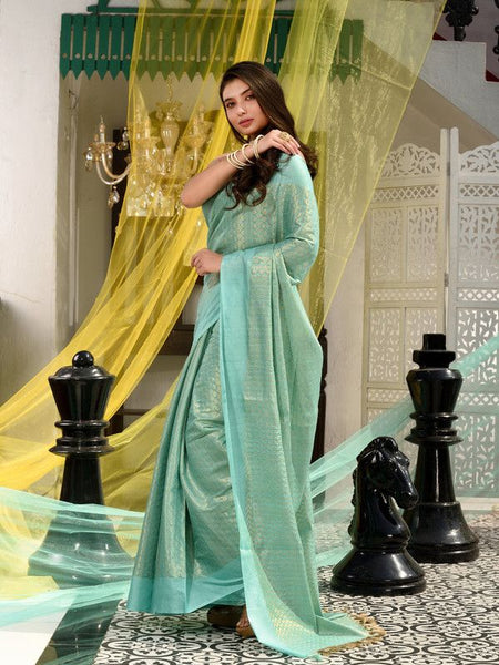 Handloom Cotton Tissue Silk Designer Weaving Motif Saree (Aquamarine_Turquoise) - View 3