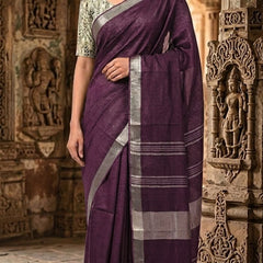 Handwoven Linen Blend Saree With Running Blouse Piece(Purple) - View 3