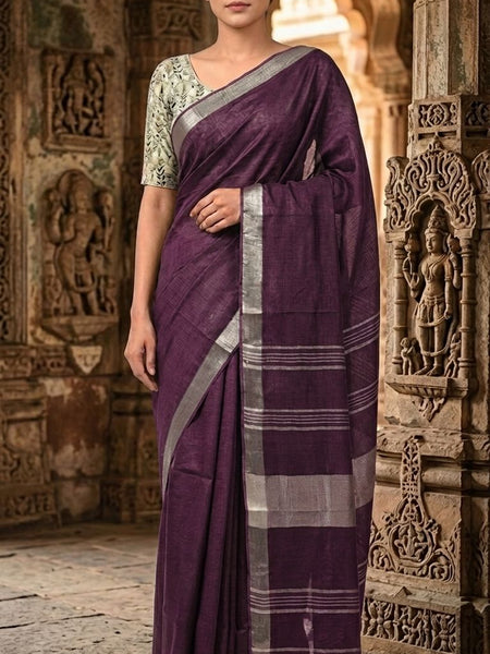 Handwoven Linen Blend Saree With Running Blouse Piece(Purple) - View 3