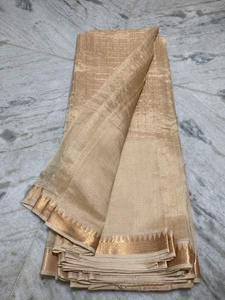 Bhagalpuri Handloom Cotton Silk Check Half Body Saree with Free Blouse Piece (Cream)