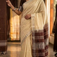 Elegant Linen Cotton Blend Saree for WDS | Cream Saree with Contrast Woven Pallu & Silver Zari Border | Traditional Ethnic Wear