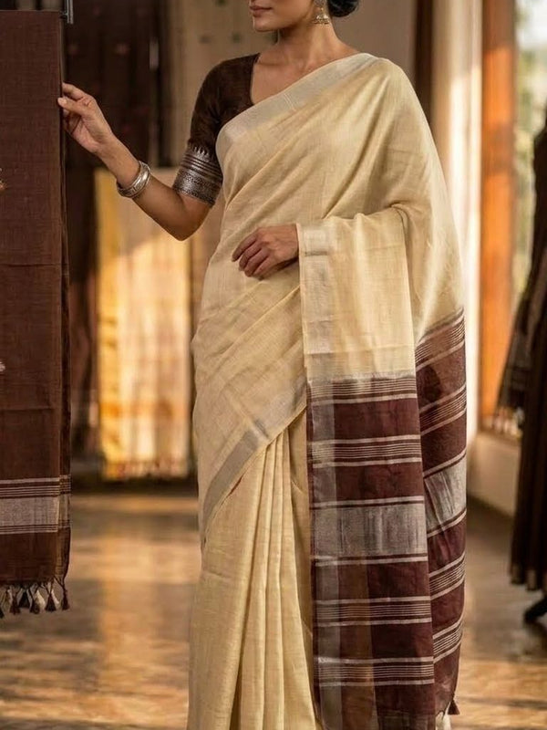 Elegant Linen Cotton Blend Saree for WDS | Cream Saree with Contrast Woven Pallu & Silver Zari Border | Traditional Ethnic Wear