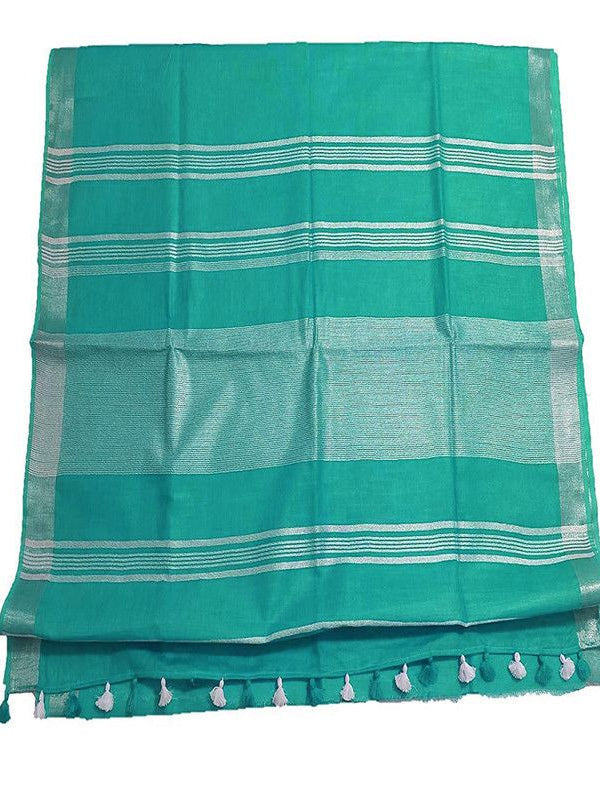 Aquamarine Turquoise women's Bhagalpuri Linen Saree With Blouse Piece - View 2