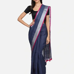 Handloom Linen Cotton Blend Contrast Bhagalpuri Saree for Women (Egyptian_Blue-Pink) - View 2