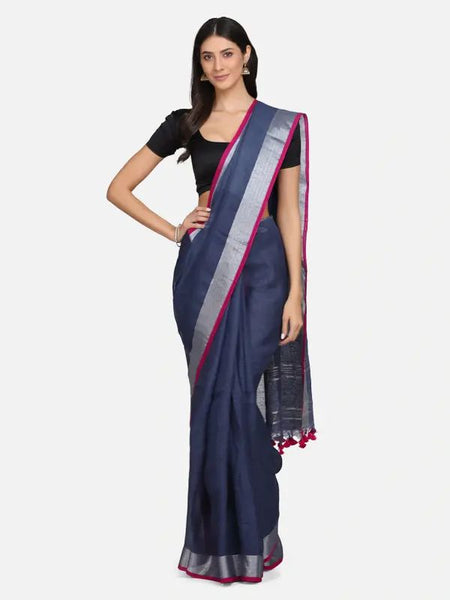 Handloom Linen Cotton Blend Contrast Bhagalpuri Saree for Women (Egyptian_Blue-Pink) - View 2