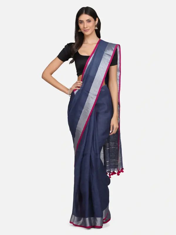 Handloom Linen Cotton Blend Contrast Bhagalpuri Saree for Women (Egyptian_Blue-Pink) - View 2