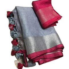 Grey-Pink women's Handloom Bhagalpuri Linen Cotton Blend Saree Ethnic Wear With Contrast Unstitched Blouse Piece