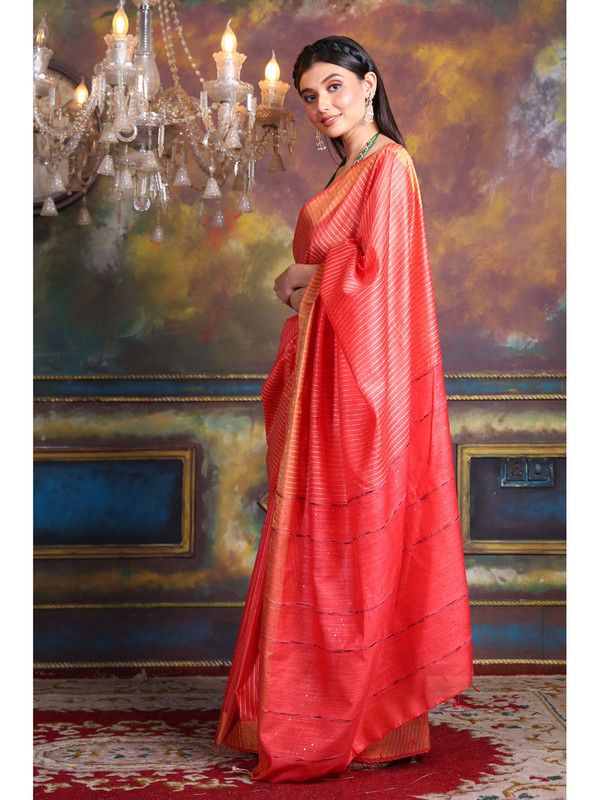 Handloom Bhagalpuri Cotton Silk Striped Sequin Saree ( Red) - View 2