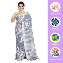 Grey women's Bhagalpuri Handloom Linen Blend Tie-Dye (Sibory Dye) Saree With Running Unstiched Blouse Piece