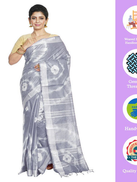 Grey women's Bhagalpuri Handloom Linen Blend Tie-Dye (Sibory Dye) Saree With Running Unstiched Blouse Piece