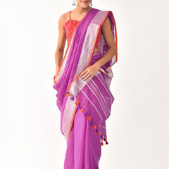 Linen Cotton Blend Contrast Handloom Bhagalpuri Saree for Women (Fuchsia_Pink-Orange) - View 5