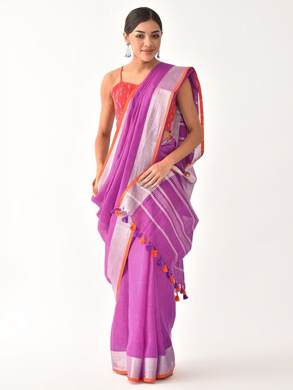 Linen Cotton Blend Contrast Handloom Bhagalpuri Saree for Women (Fuchsia_Pink-Orange) - View 5