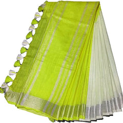 Lime Green women's Bhagalpuri Linen-Slub Blend Two Dye Saree With Blouse Piece