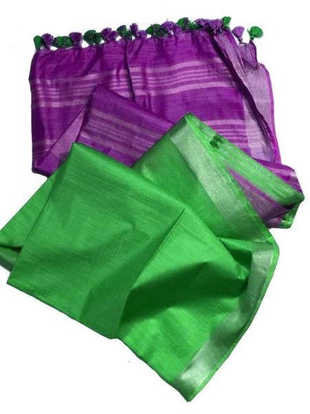 Electric Purple & Malachite Green women's Ethnic Wear Bhagalpuri Handloom Linen Blend Two Dye Saree With Running Unstitched Blouse Piece