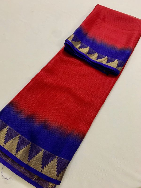 Two Dye Organza Net Temple Border Bhagalpuri Saree (Red & Duke_Blue) - View 3