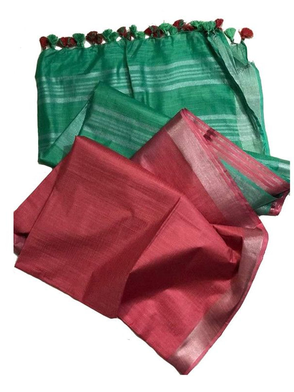 Jungle Green & Brink Pink Bhagalpuri Handloom women's Ethnic Wear Cotton Slub Blend Two Dye Saree With Running Unstitched Blouse Piece