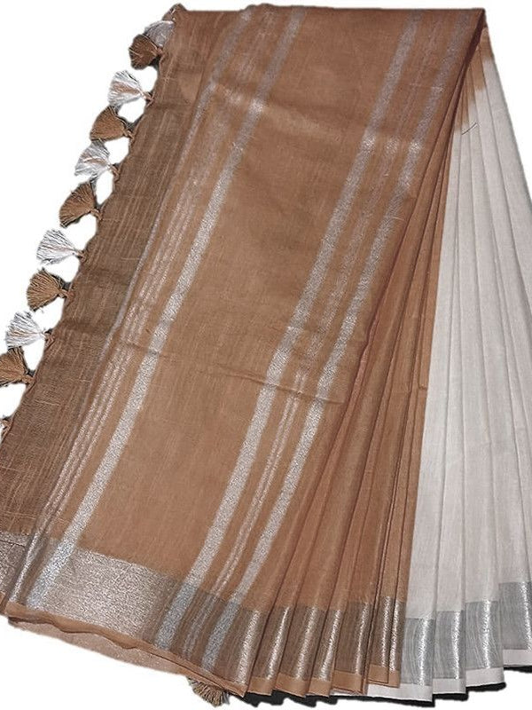 Sugar Brown women's Bhagalpuri Linen-Slub Blend Two Dye Saree With Blouse Piece