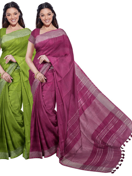 Bhagalpuri Handloom Cotton-Linen Blend Saree Combo (Pack Of 2) With Running Unstiched Blouse Piece