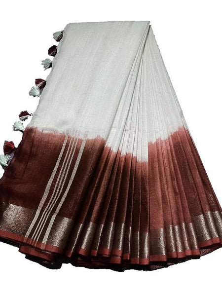 Umber Brown women's Handloom Bhagalpuri Linen Cotton Slub Blend Two Sided Two Dye Saree Running Unstitched Blouse Piece - View 4